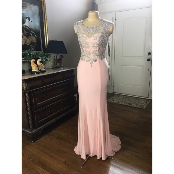 NWT Milano Formals Size 4 Light Pink Chiffon Beaded Prom Maxi Dress Formal Gown - Picture 9 of 16